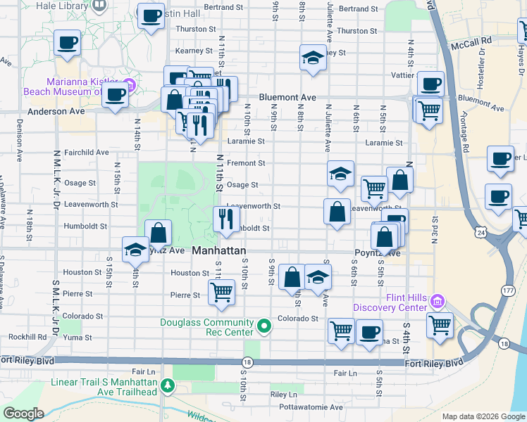 map of restaurants, bars, coffee shops, grocery stores, and more near 909 Leavenworth Street in Manhattan