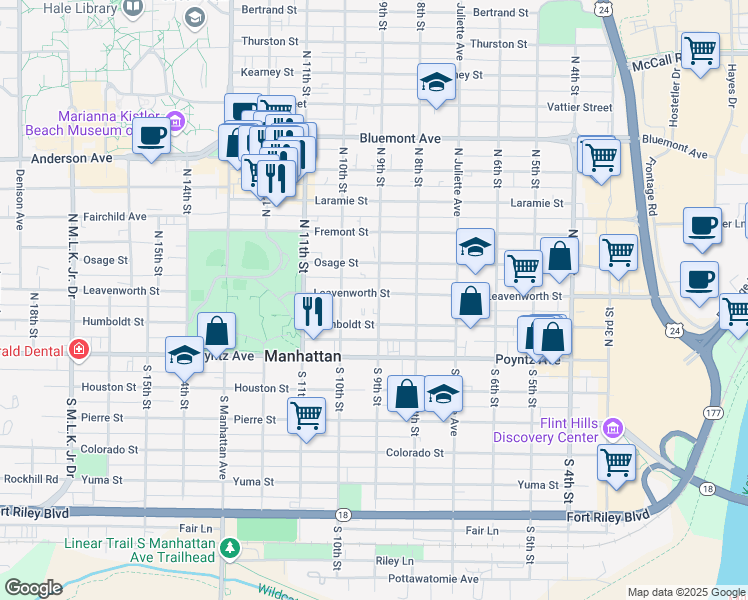 map of restaurants, bars, coffee shops, grocery stores, and more near 901 Leavenworth Street in Manhattan