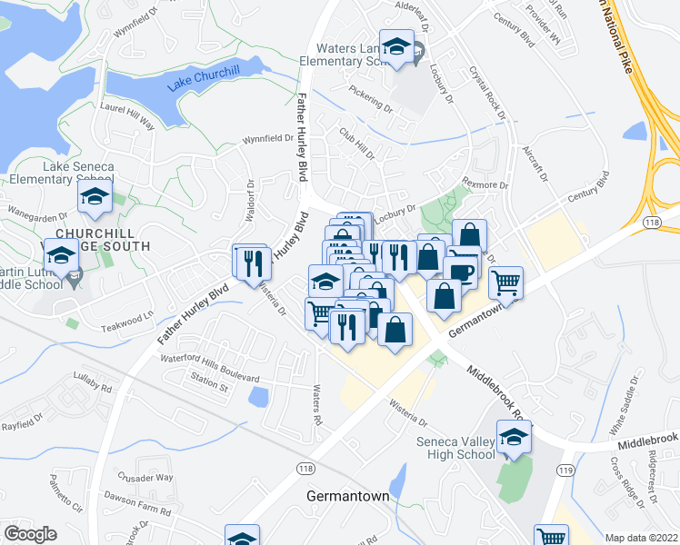 map of restaurants, bars, coffee shops, grocery stores, and more near 13038 Middlebrook Road in Germantown