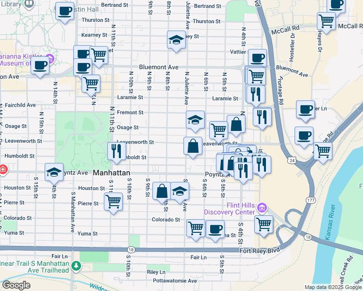 map of restaurants, bars, coffee shops, grocery stores, and more near 221 North Juliette Avenue in Manhattan