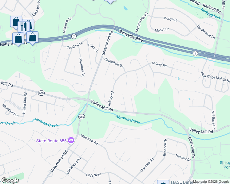 map of restaurants, bars, coffee shops, grocery stores, and more near 116 Asbury Road in Winchester