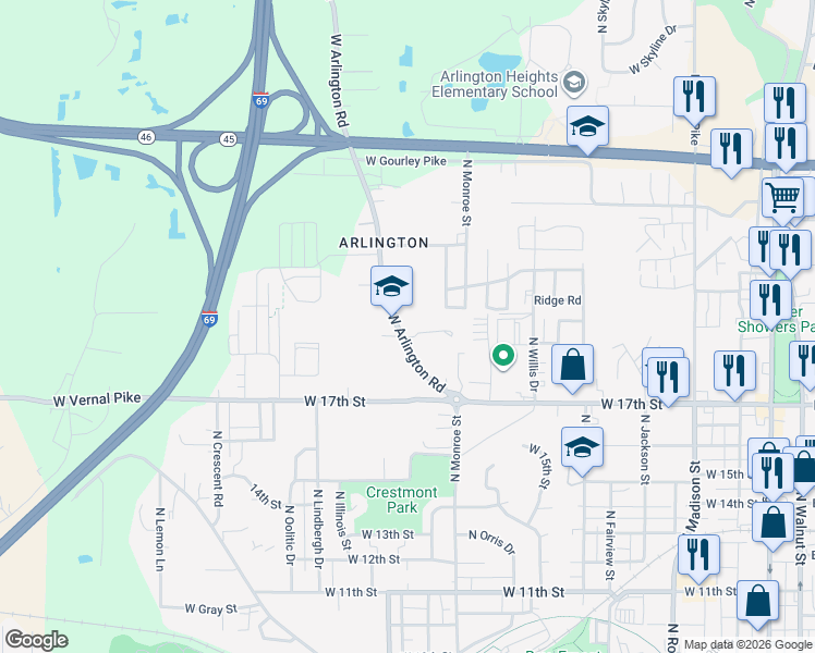 map of restaurants, bars, coffee shops, grocery stores, and more near 1504 West Arlington Road in Bloomington