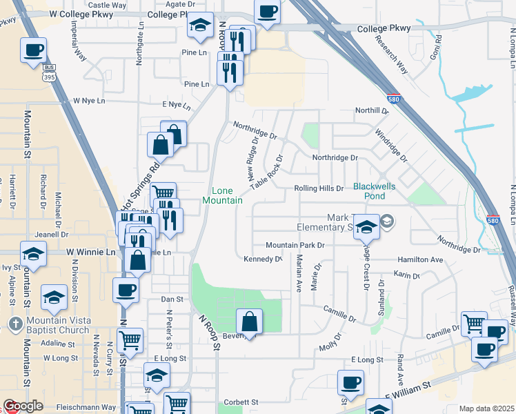 map of restaurants, bars, coffee shops, grocery stores, and more near 1025 Westcreek Ln in Carson City