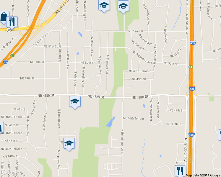 map of restaurants, bars, coffee shops, grocery stores, and more near 4809 North Fremont Avenue in Kansas City