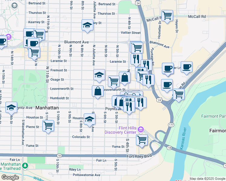 map of restaurants, bars, coffee shops, grocery stores, and more near 511 Leavenworth Street in Manhattan