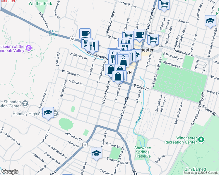 map of restaurants, bars, coffee shops, grocery stores, and more near in Winchester