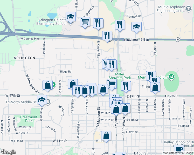 map of restaurants, bars, coffee shops, grocery stores, and more near 1427 North Kinser Pike in Bloomington