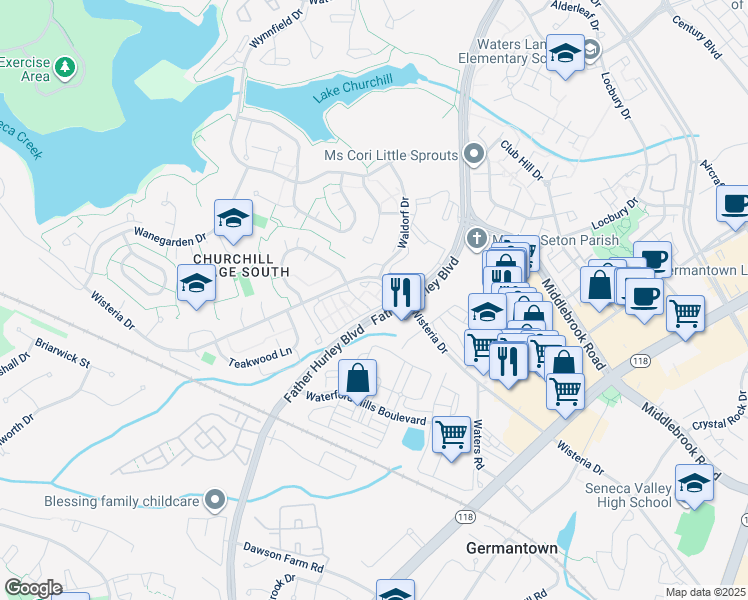 map of restaurants, bars, coffee shops, grocery stores, and more near 13377 Demetrias Way in Germantown