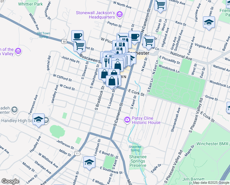 map of restaurants, bars, coffee shops, grocery stores, and more near 12 East Clifford Street in Winchester