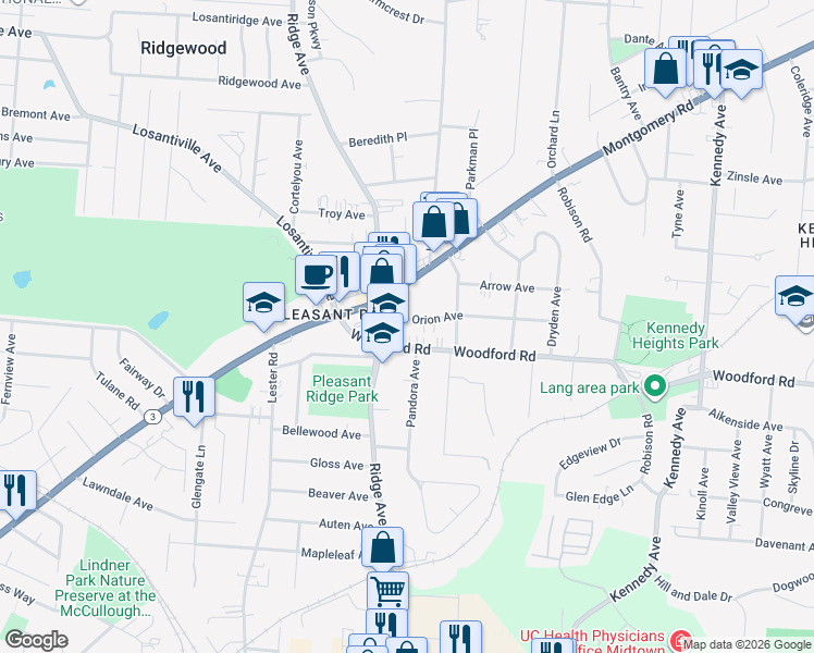 map of restaurants, bars, coffee shops, grocery stores, and more near 3231 Orion Avenue in Cincinnati