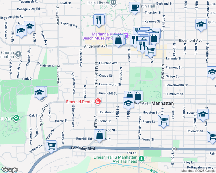 map of restaurants, bars, coffee shops, grocery stores, and more near 1605 Leavenworth Street in Manhattan