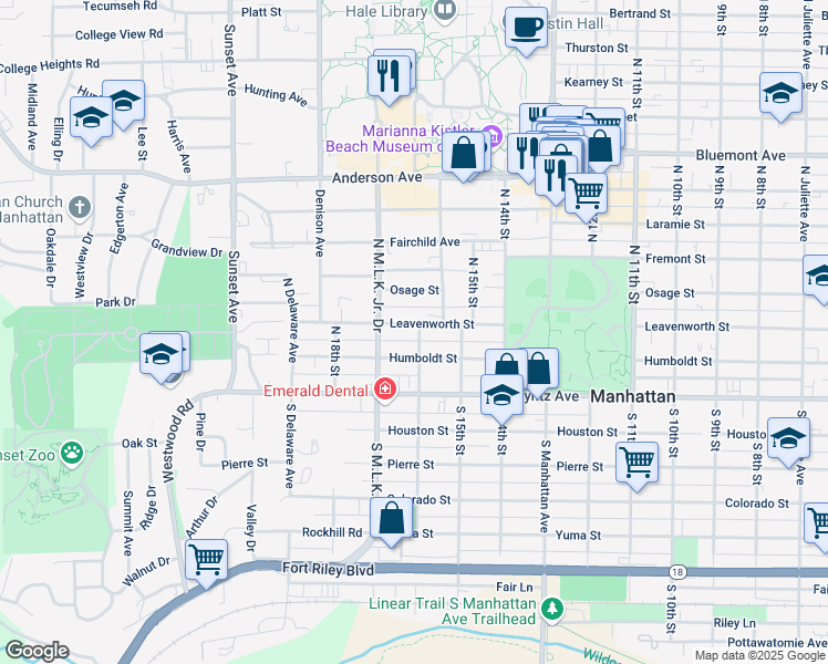 map of restaurants, bars, coffee shops, grocery stores, and more near 1605 Leavenworth Street in Manhattan