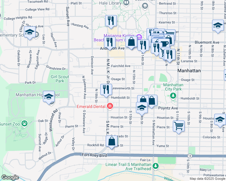 map of restaurants, bars, coffee shops, grocery stores, and more near 1605 Leavenworth Street in Manhattan