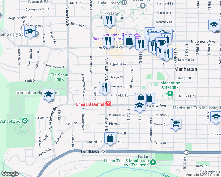 map of restaurants, bars, coffee shops, grocery stores, and more near 1605 Leavenworth Street in Manhattan