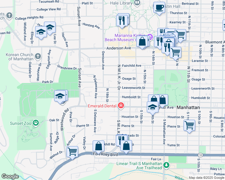 map of restaurants, bars, coffee shops, grocery stores, and more near 1707 Leavenworth Street in Manhattan