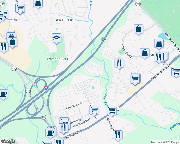 map of restaurants, bars, coffee shops, grocery stores, and more near 7742 Valley Oak Drive in Elkridge