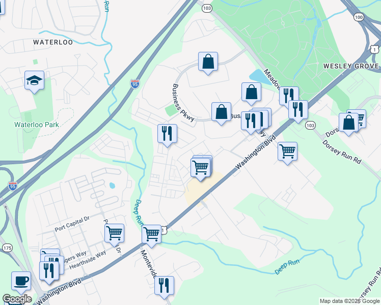 map of restaurants, bars, coffee shops, grocery stores, and more near 7749 Dagny Way in Elkridge