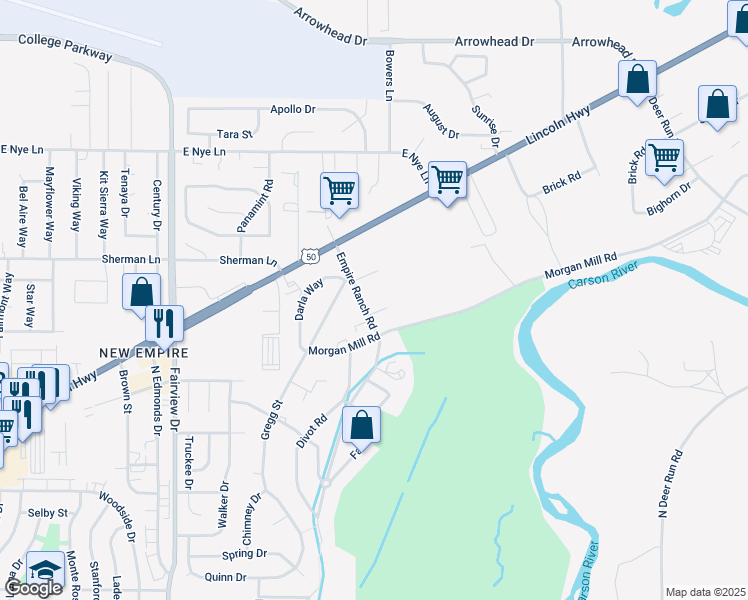 map of restaurants, bars, coffee shops, grocery stores, and more near 2331 Empire Ranch Road in Carson City
