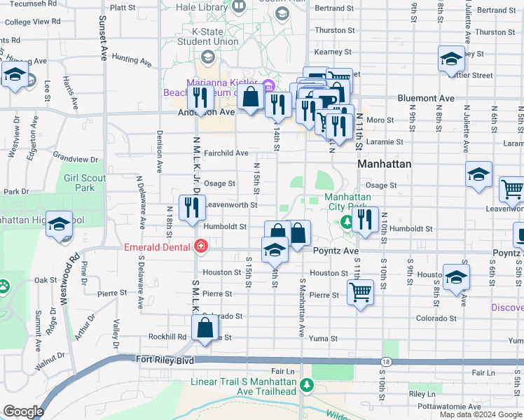 map of restaurants, bars, coffee shops, grocery stores, and more near 1419 Leavenworth Street in Manhattan