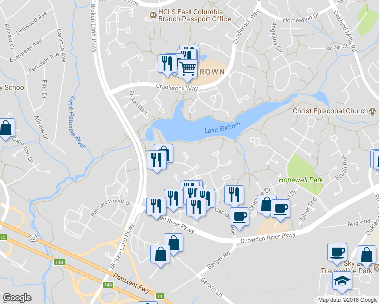 map of restaurants, bars, coffee shops, grocery stores, and more near 7248 Riding Hood Circle in Columbia