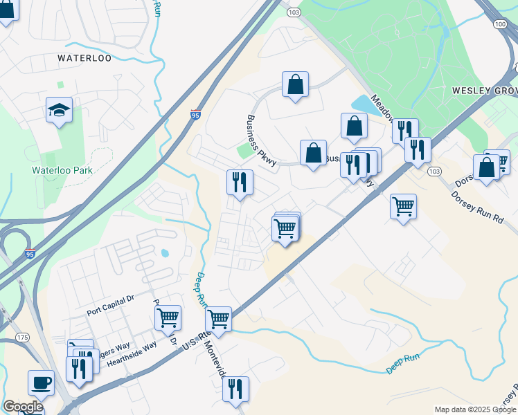 map of restaurants, bars, coffee shops, grocery stores, and more near 7764 Dagny Way in Elkridge