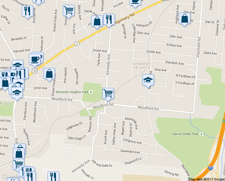 map of restaurants, bars, coffee shops, grocery stores, and more near 3619 Northdale Place in Cincinnati