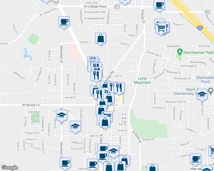 map of restaurants, bars, coffee shops, grocery stores, and more near 101 Hot Springs Road in Carson City
