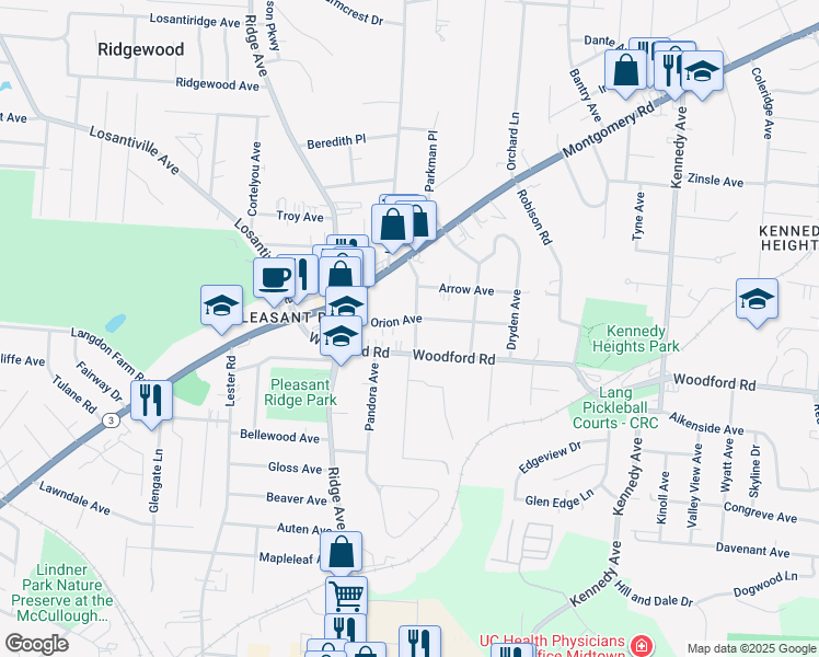 map of restaurants, bars, coffee shops, grocery stores, and more near 6021 Woodmont Avenue in Cincinnati