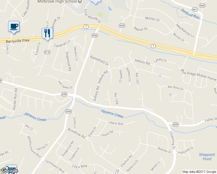 map of restaurants, bars, coffee shops, grocery stores, and more near 120 Providence Drive in Winchester