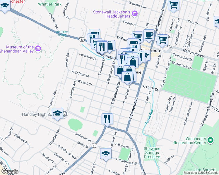 map of restaurants, bars, coffee shops, grocery stores, and more near 312 South Washington Street in Winchester