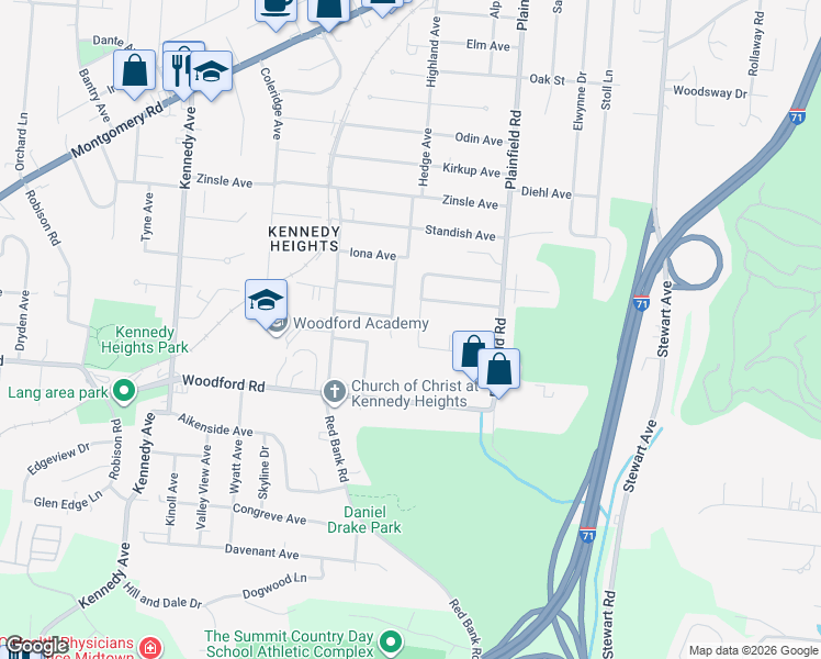 map of restaurants, bars, coffee shops, grocery stores, and more near 6105 West Fordham Place in Cincinnati