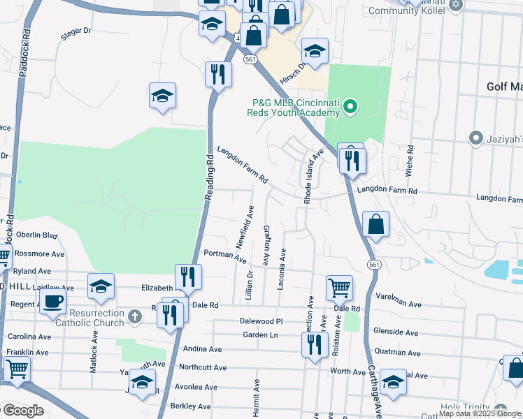 map of restaurants, bars, coffee shops, grocery stores, and more near 5439 Grafton Avenue in Cincinnati
