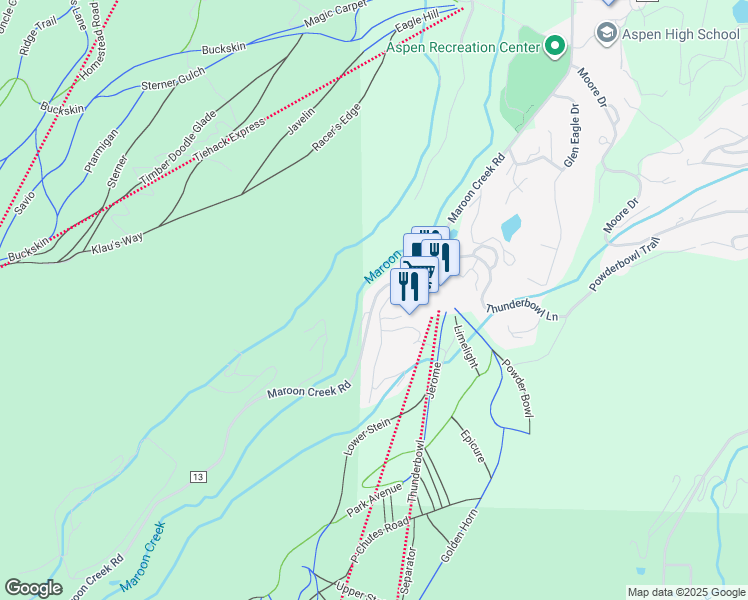 map of restaurants, bars, coffee shops, grocery stores, and more near 1645 County Road 13 in Aspen