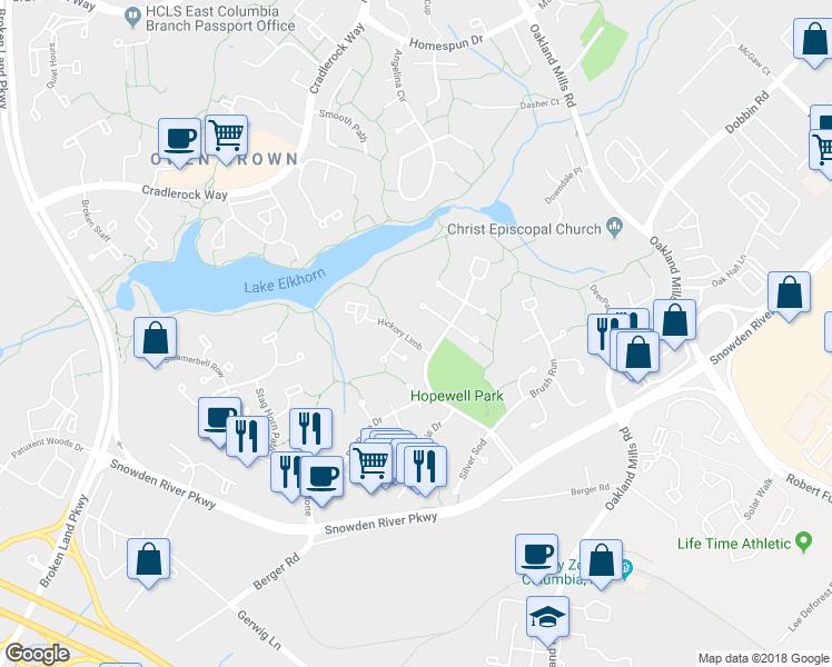 map of restaurants, bars, coffee shops, grocery stores, and more near 9334 Hickory Limb in Columbia