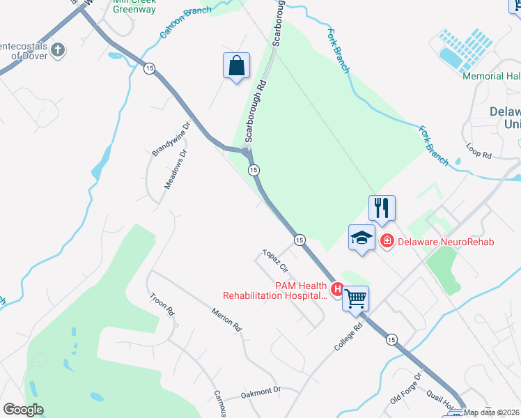 map of restaurants, bars, coffee shops, grocery stores, and more near 1390 McKee Road in Dover