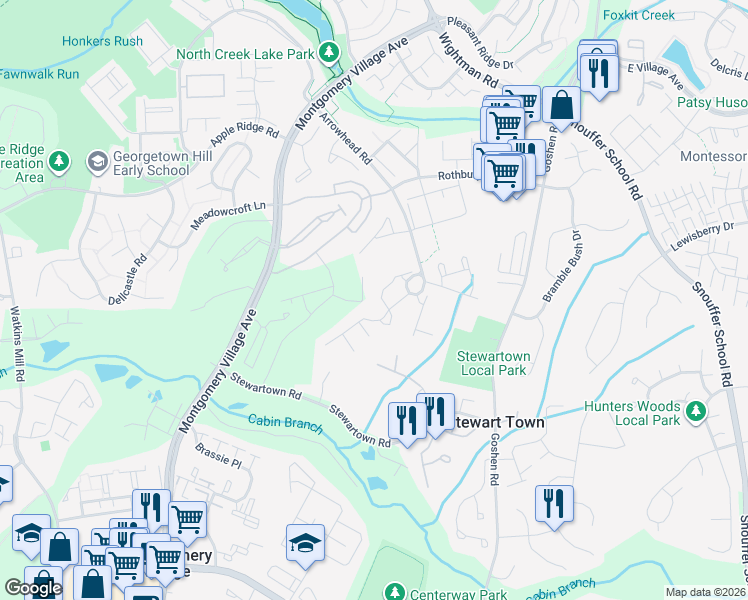 map of restaurants, bars, coffee shops, grocery stores, and more near 9457 Hickory View Place in Gaithersburg