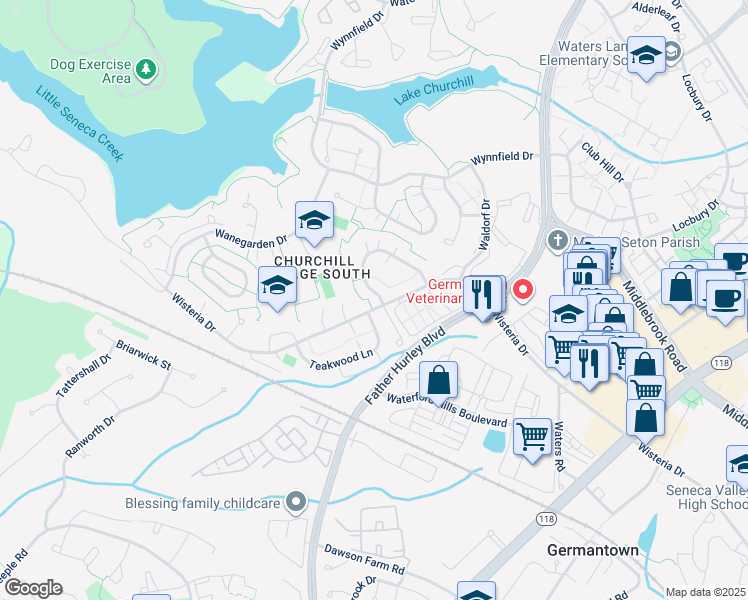map of restaurants, bars, coffee shops, grocery stores, and more near 13549 Winterspoon Lane in Germantown