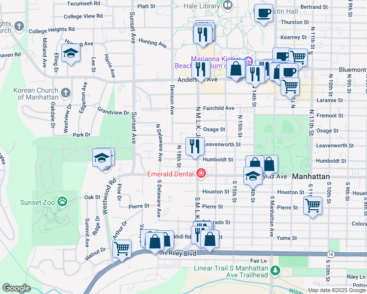 map of restaurants, bars, coffee shops, grocery stores, and more near 1725 Leavenworth Street in Manhattan