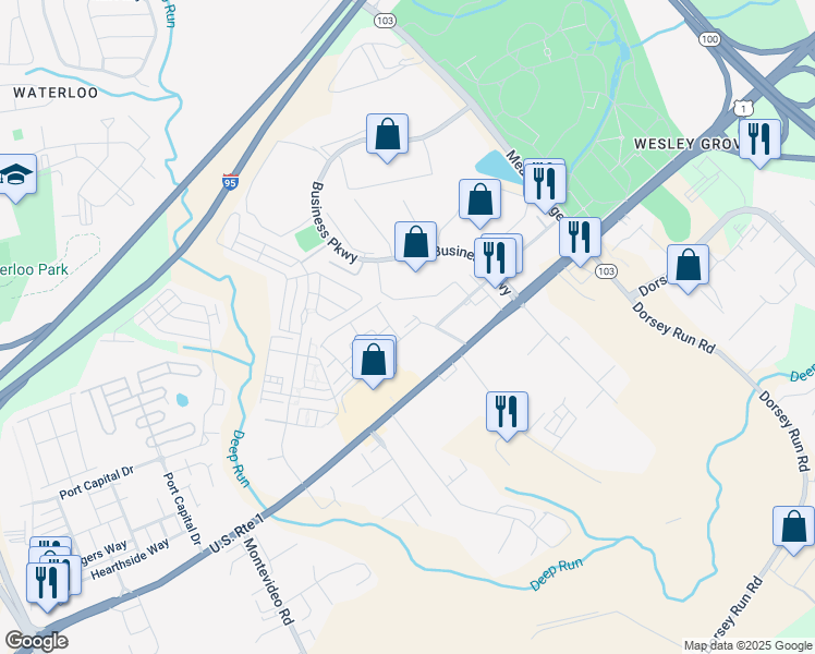 map of restaurants, bars, coffee shops, grocery stores, and more near 7709 Ken Dannager Court in Elkridge