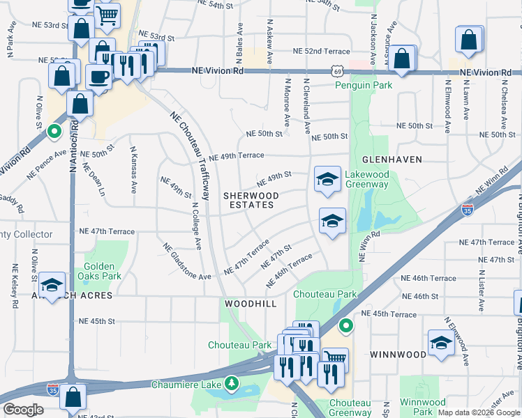 map of restaurants, bars, coffee shops, grocery stores, and more near 3515 Northeast 48th Terrace in Kansas City