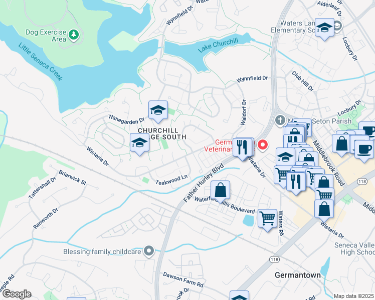 map of restaurants, bars, coffee shops, grocery stores, and more near 13549 Winterspoon Lane in Germantown