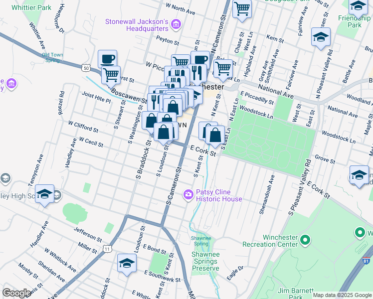 map of restaurants, bars, coffee shops, grocery stores, and more near 204 South Cameron Street in Winchester