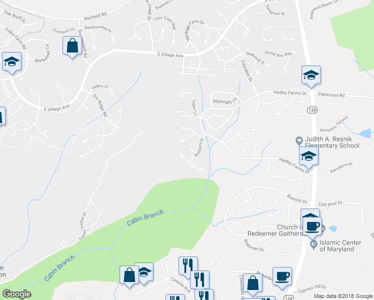 map of restaurants, bars, coffee shops, grocery stores, and more near 6 Boxberry Ct in Gaithersburg