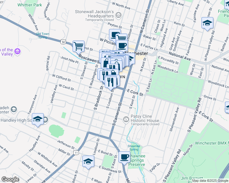 map of restaurants, bars, coffee shops, grocery stores, and more near 224 South Loudoun Street in Winchester