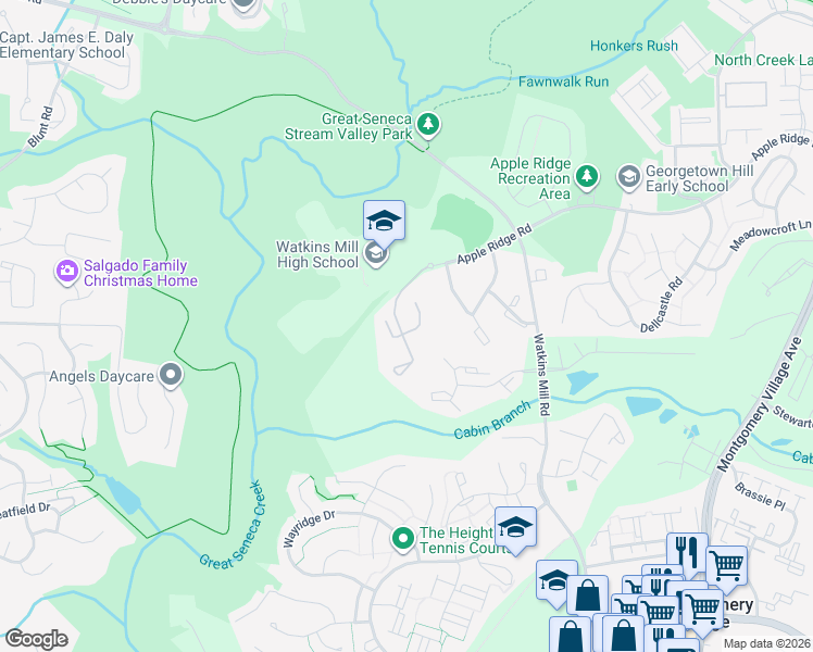 map of restaurants, bars, coffee shops, grocery stores, and more near 10414 Apple Ridge Road in Gaithersburg