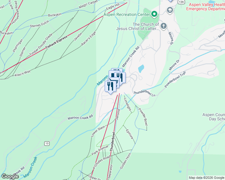map of restaurants, bars, coffee shops, grocery stores, and more near 75 Prospector Road in Aspen