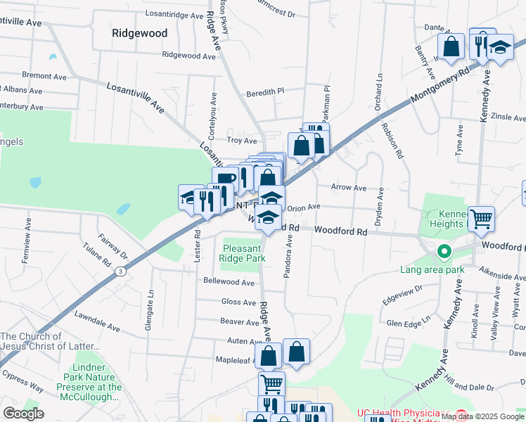 map of restaurants, bars, coffee shops, grocery stores, and more near 6019 Ridge Avenue in Cincinnati