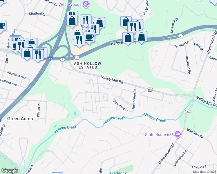 map of restaurants, bars, coffee shops, grocery stores, and more near 136 Brookland Court in Winchester