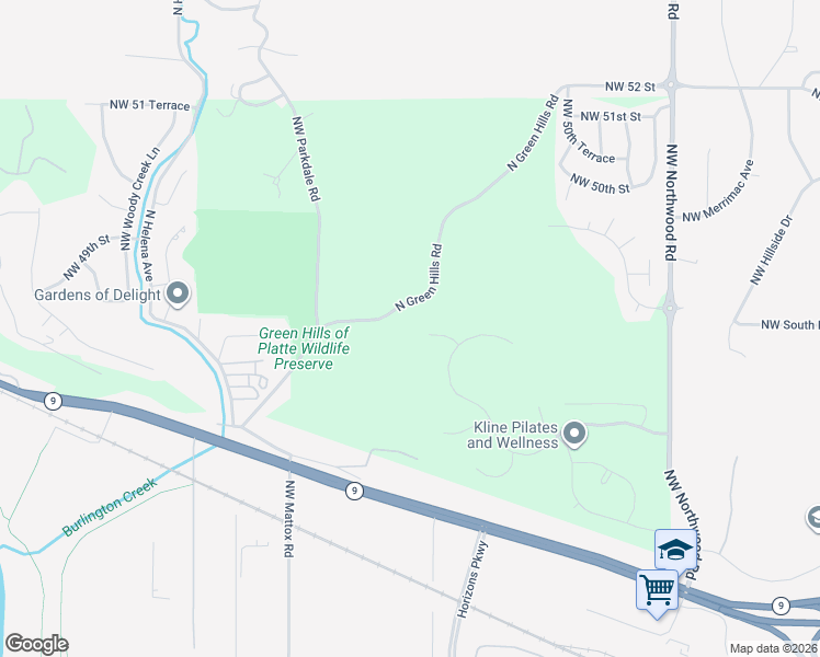 map of restaurants, bars, coffee shops, grocery stores, and more near 4999 North Green Hills Road in Kansas City