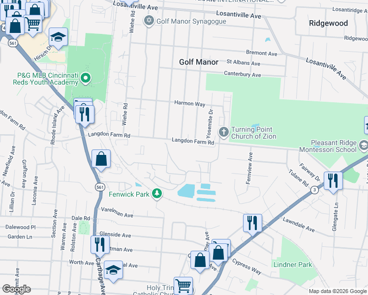 map of restaurants, bars, coffee shops, grocery stores, and more near 2363 Langdon Farm Road in Cincinnati